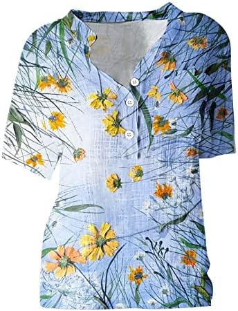 Blusa de linho feminina Tunic Summer Sanve Shirts T Camisetas Flores Tees gráficos impressos Camisa de botão de manga