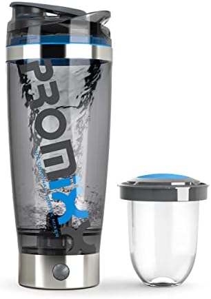 Promixx Pro Shaker Bottle | Recarregável, poderoso para shakes de proteína suave | Inclui armazenamento de suplementos - BPA Free | 20 onças de xícara IX-R Edição prata/azul e cinza legal