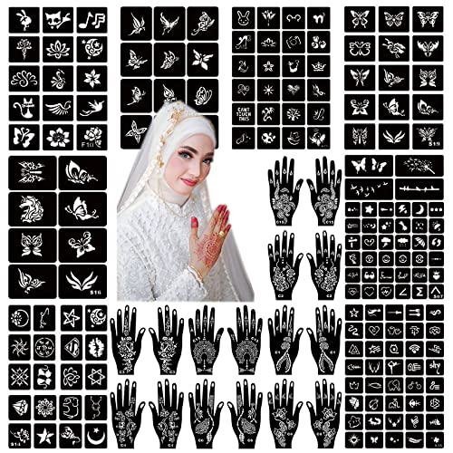 Kit de estêncil de tatuagem de hena 190pcs, 24 folhas henna estêncils reutilizáveis ​​de tatuagens de tatuagem de tatuagem de brilho árabe temporário de arábola
