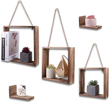 Decoroca flutuante prateleiras quadradas suspensas - Conjunto de 5 decoração de parede Montada de madeira Cubo de madeira fotográfica Planta Exibir caixas de sombra prateleira decorativa, decoração de escritório em casa para quarto de sala de estar, marrom