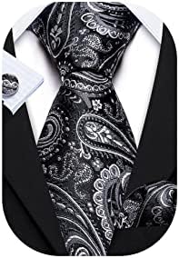 BARRY.WANG SILK MEN Laços, bolso da gravata Paisley Pocket Square e Cufflinks Set para negócios de casamento