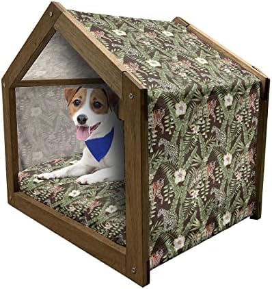 Savannah Wooden Pet House, composição de folhas tropicais Flor de hibisco com animais selvagens Leopard e Tiger, canil portátil