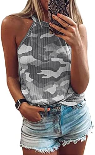Andongnywell Womens Camuflage Tampo Tampas para tanques de cabeceira Camisole Crew pescoço camisas sem mangas
