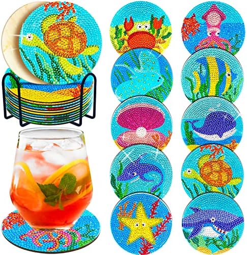10 PCs Diamond Painting Coasters Kits, montanhas -russas de arte de diamante oceano com suporte, pequenos acessórios de
