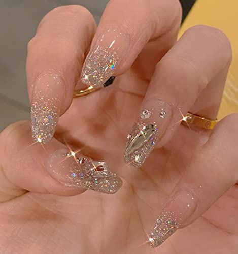 Pressione as unhas de comprimento médio, pregos falsos de caixão, strass 3D unhas de acrílico rosa Pressione, cola cola