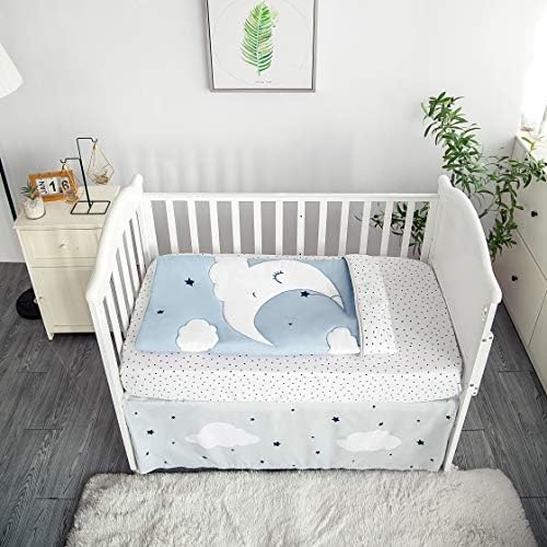 La Premura Sleeping Moon Baby Berçário Conjunto de cama de berço, conjunto de roupas de cama de berço de tamanho de 3 peças, azul e cinza