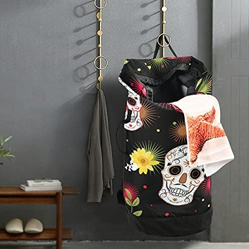 Mochila de lavanderia pesada de lavanderia de crânio mexicano com alças e alças de ombro Viagem Bolsa de roupas com tração