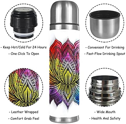 Indicultura de lótus Mandalas de aço inoxidável garrafa de água com isolamento de vácuo de aço com tampa 17 oz Thermo Caneca Esporte Flask de água, parede dupla, mantenha -se quente ou fria