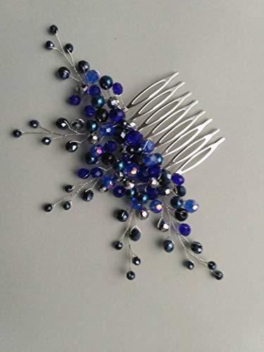 Kercisbeauty feita à mão Boho Hair Hair Compe com contas de cristal azul marinho para noivas, capacete de prata de noiva, acessórios