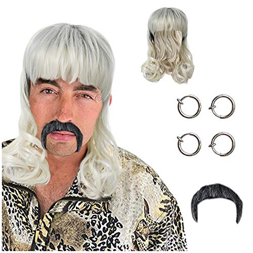 Dbylxmn crianças adultos cosplay peruca exótica com brincos clipe e bigode loiro se encaixa na cabeça do manequim de