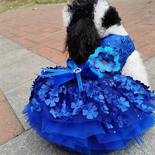 Wzhsdkl roupas de cachorro artesanais lindas bordas azuis reais 3D Flores mais camadas Tulle vestido de animais de