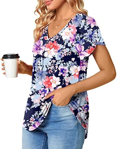 Manga curta Vneck Floral Graphic Kawaii Casual Casual Fit Relaxed Top Top Top para Womens Fall Summer Cotton Top YF