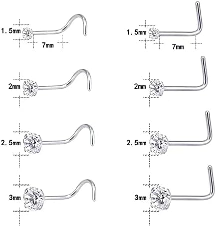 Vitaltyextrações 8pcs 20g hipoalergênico parafuso nariz pinos redondos de diamante redonda de aço cirúrgico anéis de piercing