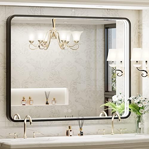 JSNEIJDER 24X36 Espelho de banheiro LED com luzes, espelho de LED de quadro preto, espelho de LED anti -nevoeiro para maquiagem