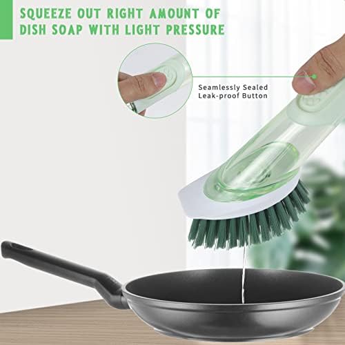 Sopa Dispensing Praço de escova de prato, lavador de pratos com 4 cabeças de escova substituível e maçaneta de aço inoxidável,
