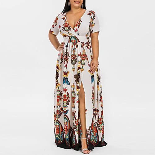 Vestido de tamanho grande de verão para mulheres Sexy Deep V Deep Sleeve Empire Split Split Vestido Boho Maxi