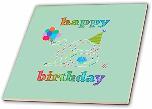 3drose feliz aniversário 18 anos, cupcake com vela, balões, chapéu, colorido - azulejos
