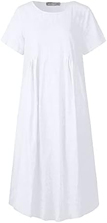 Vestido de linho de algodão solto de manga curta feminina Vestido de linho de verão casual Crepinho de túnica de túnica de túnica vestido