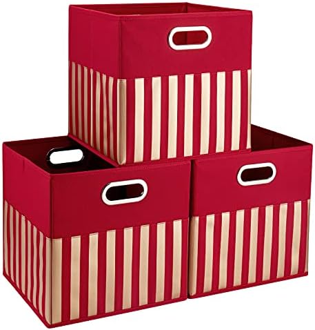 Bincos de cubo de armazenamento de tecido HSDT 13x13x13 polegadas Caixas dobráveis ​​cesto de pano vermelho com padrão de tira dourada para prateleiras ou organzier de armário, QY-SC33-3
