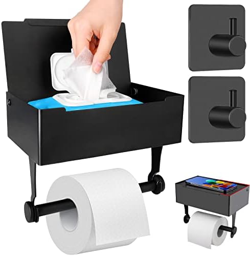 Suporte de papel higiênico com prateleira, lençóis descartáveis ​​Dispensador de papel higiênico Rolo de papel para banheiros de aço de aço Montagem de parede Organizador de banheiro - preto fosco