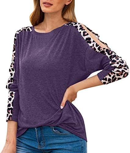 Zdfer feminino redondo pescoço de leopardo tampas casuais fora do ombro de manga longa camisetas de túnica Blusa do moletons de túnica