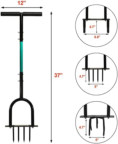 Nutroeno 3 em 1 Aerador de gramado - plugue manual de 37 polegadas Coring para solos compactos, aeração de espigão com 4,7 dentes de ferro pequenos jardas, caixa de flores do cultivador de garra de leme e cama elevada., Verde e preto