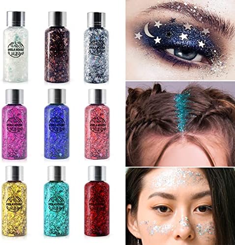 Viola House Body Liquid Gel Gel Conjunto, 9 Cores Glitter Sheshadow, Glitter de Natal, Cosméticos Face Hair unhas Maquiagem Longa