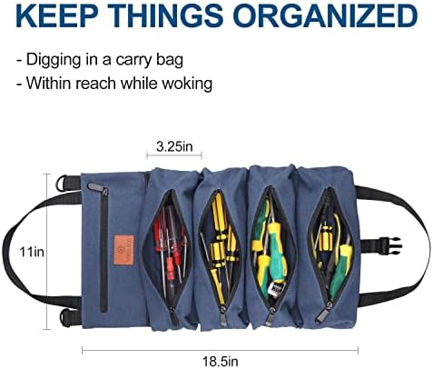 Bolsa de ferramentas de rolagem wessleco, 16oz de canvas de lona roll up bolsa bolsa de ferramenta multifuncional Organizar, 5 bolsos de ferramentas com zíper
