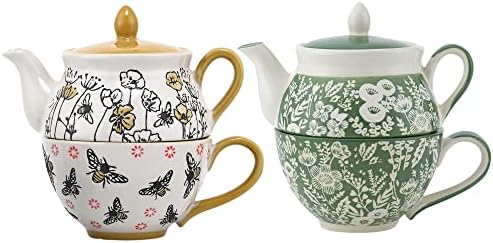 Taimei Teatime Ceramic Tea para um conjunto, bule de 15 onças com infusador e conjunto de xícara, bule de chá para um com abelha pintada à mão e padrão floral, conjunto de chá para mulheres, adultos, conjunto de chá de chá/chá de folhas soltas