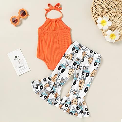 Treça mais jovem Dia da Páscoa Infantil Roupa de menina com nervuras Clebd Halter Rodper e Bunny Printing Flare calças 3m-18m