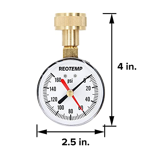 Reotemp PD25H 2,5 Medidor de teste de pressão da água em casa com ponteiro máximo, 0-160 psi, fios de mangueira de jardim de