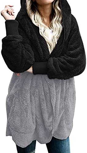 MTSDJSKF feminino Fuzzy Fuzzy Cardigan Jaqueta Fluffy Block Color Casa Quente Aberta do bolso da frente