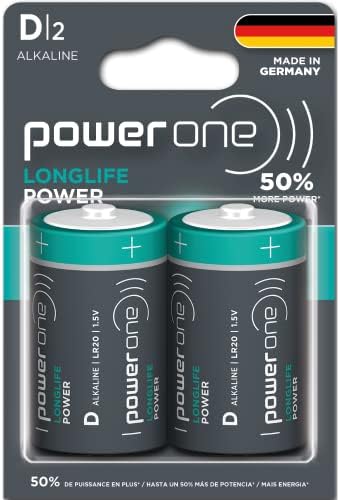 Power One Longlife Power D Bateria | Baterias alcalinas de longa duração feitas na Alemanha com até 10 anos de prateleira - pacote de 2