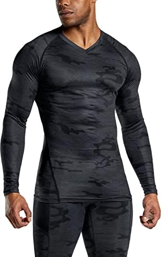 TSLA Men's Tactical decote em V Camisetas de compressão longa, camisa de treino atlético seco, camisetas de camada de base ativa
