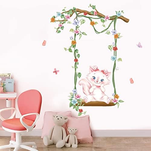 Maravilhas de candidato a árvore das árvores de flor Os adesivos de parede floral Butterfly Swing Cat e Stick Wall Art Decals para Baby Berçário Crianças Garotas Quarto