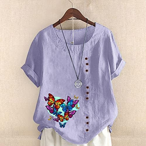 Blusas para mulheres, estampa floral com manga curta de lençó grande camisa de linho de linho moda camisetas fofas para mulheres