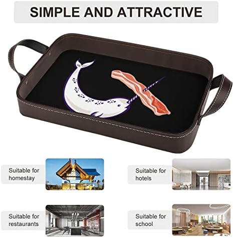 Narwhal Whale Bacon Couro Decorativo Bandeja Personalizada Organizador de Armazenamento de Bandejas com alças para hotel em casa