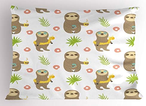 Ambesonne Sleth Pillow SHAM, imagem tropical de cactos e preguiças bebendo café comendo padrão de rosquinha, almofada estampada