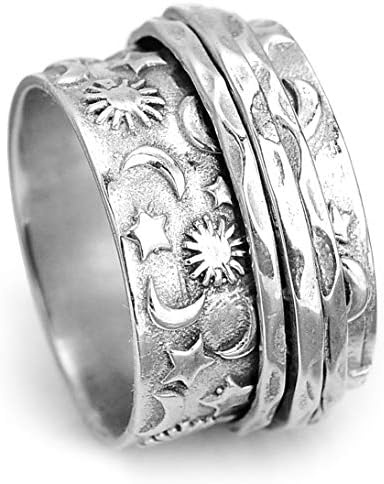 Boho-Magic 925 Sterling Silver Spinner Sun and Moon Ring for Women Filtget Ansity Relief Wide Band Band