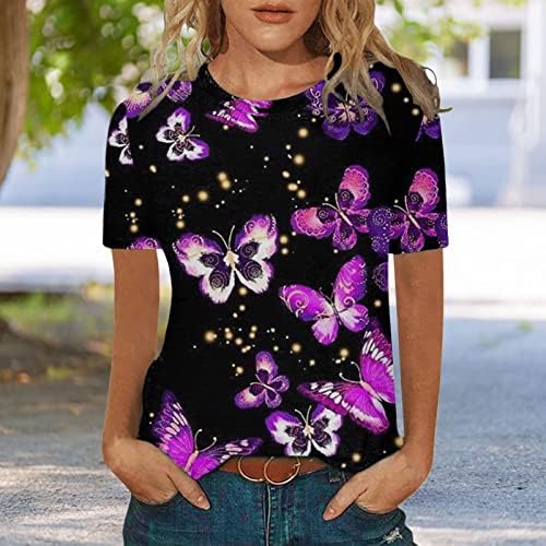 Blusa de pescoço da tripulação das mulheres blusas para menina adolescente de manga curta Butterfly mármore gráfico