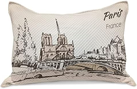 Ambesonne Notre Dame de Paris maconha colcha de travesseira, desenho da cidade esboço da capital da França, capa padrão de travesseiro de tamanho queen size para quarto, 30 x 20, fora da casca de ovo pálido branco
