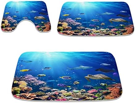 Oceano Underwater World Banheiro Tapetes e Peixes Tropicais coloridos conjuntos de tapetes de 3 peças, mancha de espuma