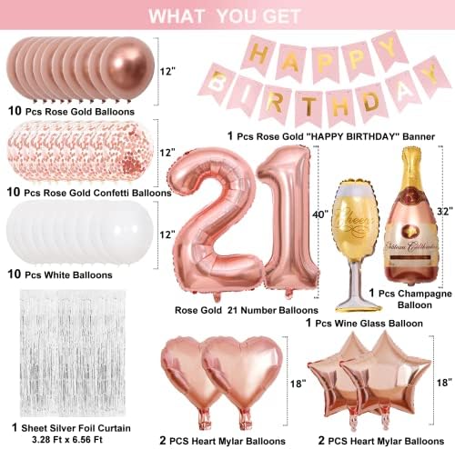 Decorações de 21º aniversário para ela, Rose Gold 21 Decorações de aniversário para ela, 21 balões de aniversário, felizes de 21º aniversário para ela