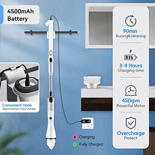 Lavador de rotação elétrica, lavador de chuveiro sem fio com 6 cabeças de escova de limpeza substituíveis e alça de extensão ajustável,