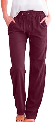 Calças de linho de algodão casual de verão para mulheres calças de perna larga com bolsos calças de perna lisas de cor sólida de