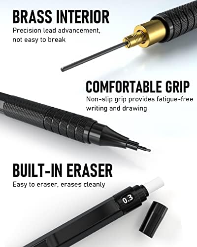 Nicpro Black & Champagne Metal Mechanical Lápis, lápis de desenho de metal de 5 tamanhos com 18 tubos de chumbo, 4 pcs apagadores e