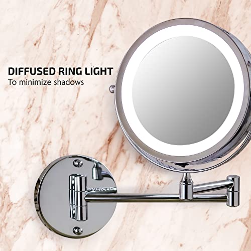 Ovente 6,8 Montagem de parede iluminada espelho de maquiagem, lupa de 1x e 10x, LED redondo de dupla face ajustável,