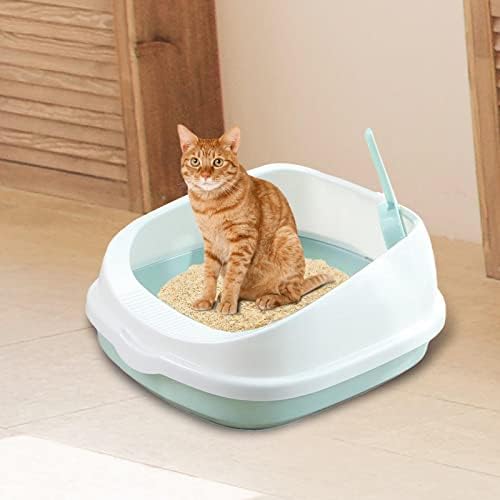 Ｋｌｋｃｍｓ Pet Cat caixa de areia Bandeja de areia removível Bandeja semi -fechada Anti -espiral grande durável com colher para acessórios de viagem de gatinho, azul