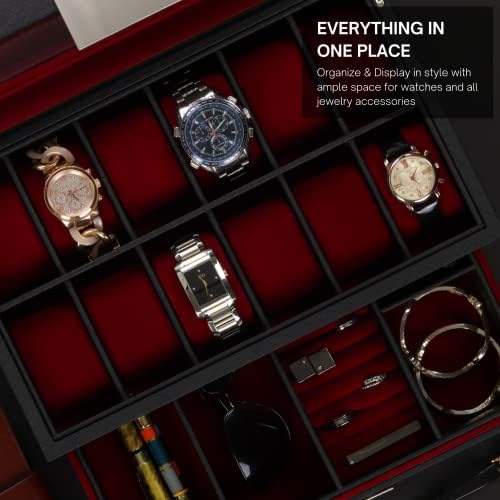 DecoreBay Gaveta multiuso, óculos de sol e 12 relógios Jóias de Jóias de Armazenamento Black and Red Leather UNissex Organizador