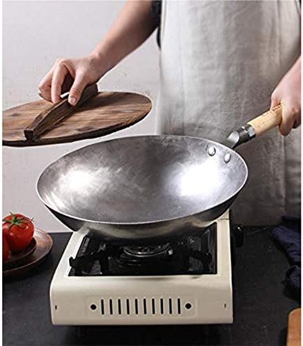 Mão forjou o Iron Wok, profissão chinesa tradicional panela de cozinha doméstica com alças de madeira, sem fumaça, antiaderente-32cm